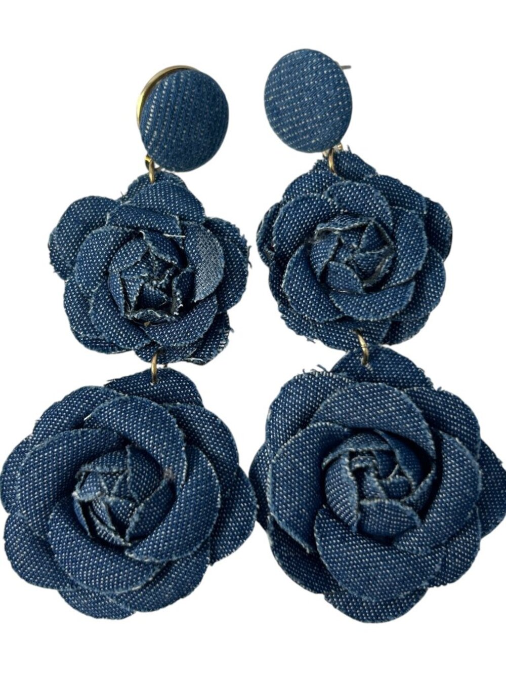 Blue Denim Rose Flower Double Dangle Statement Earrings Fabric Pierced Boho